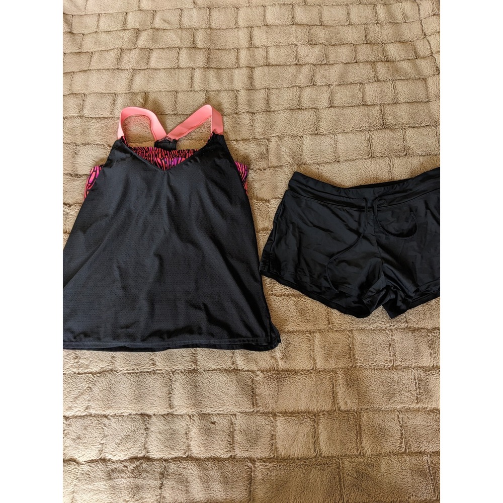 ZeroXposur Womens Tankini Swimsuit Set Black Pink Zebra Print Top Shorts 10/12
